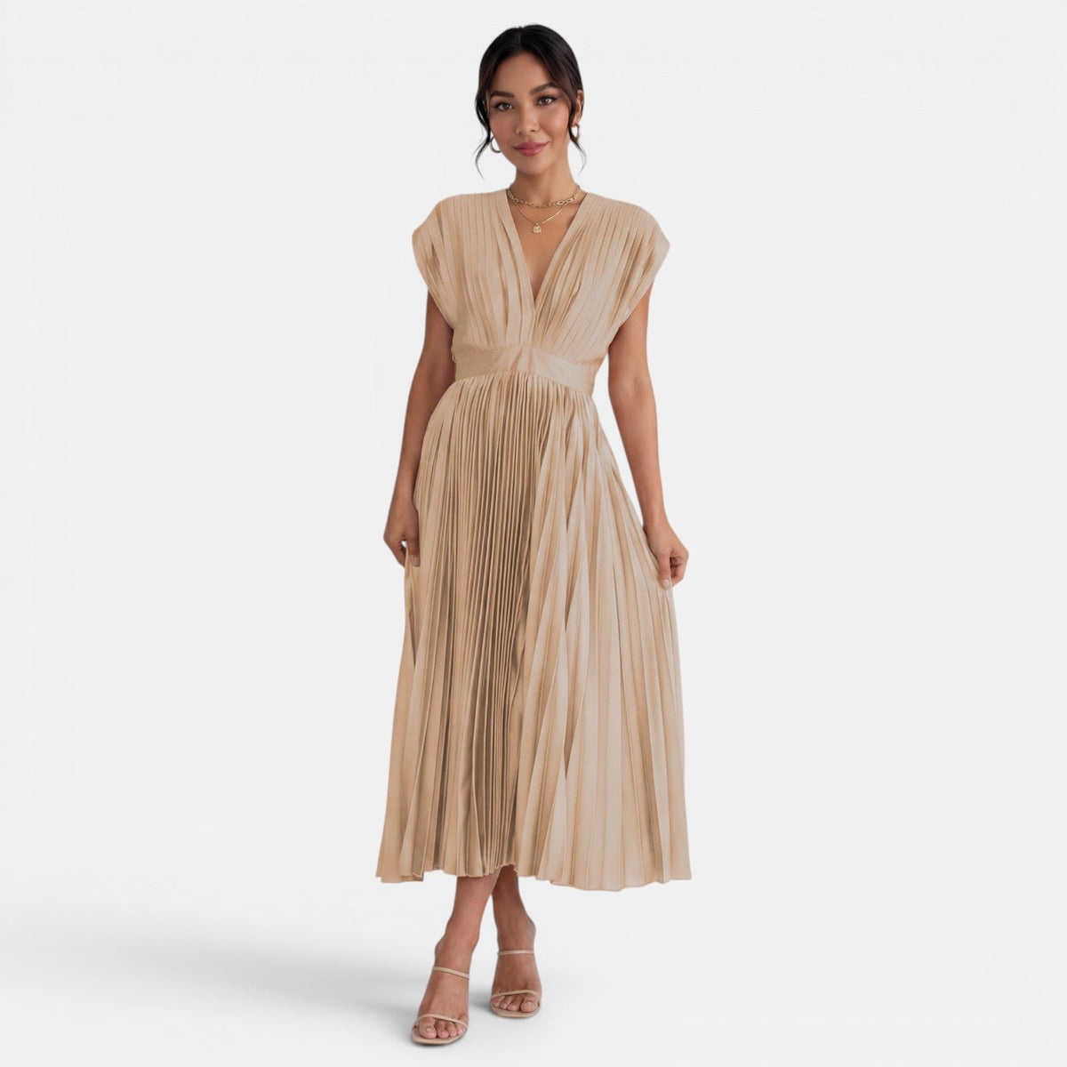 Vestido Midi Mujer Cuello V Plisado