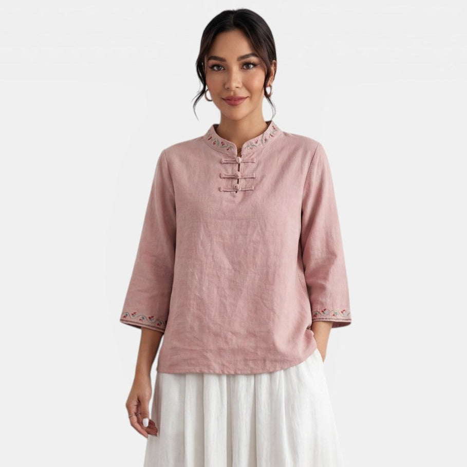 Blusa Mujer Algodón Lino Bordado