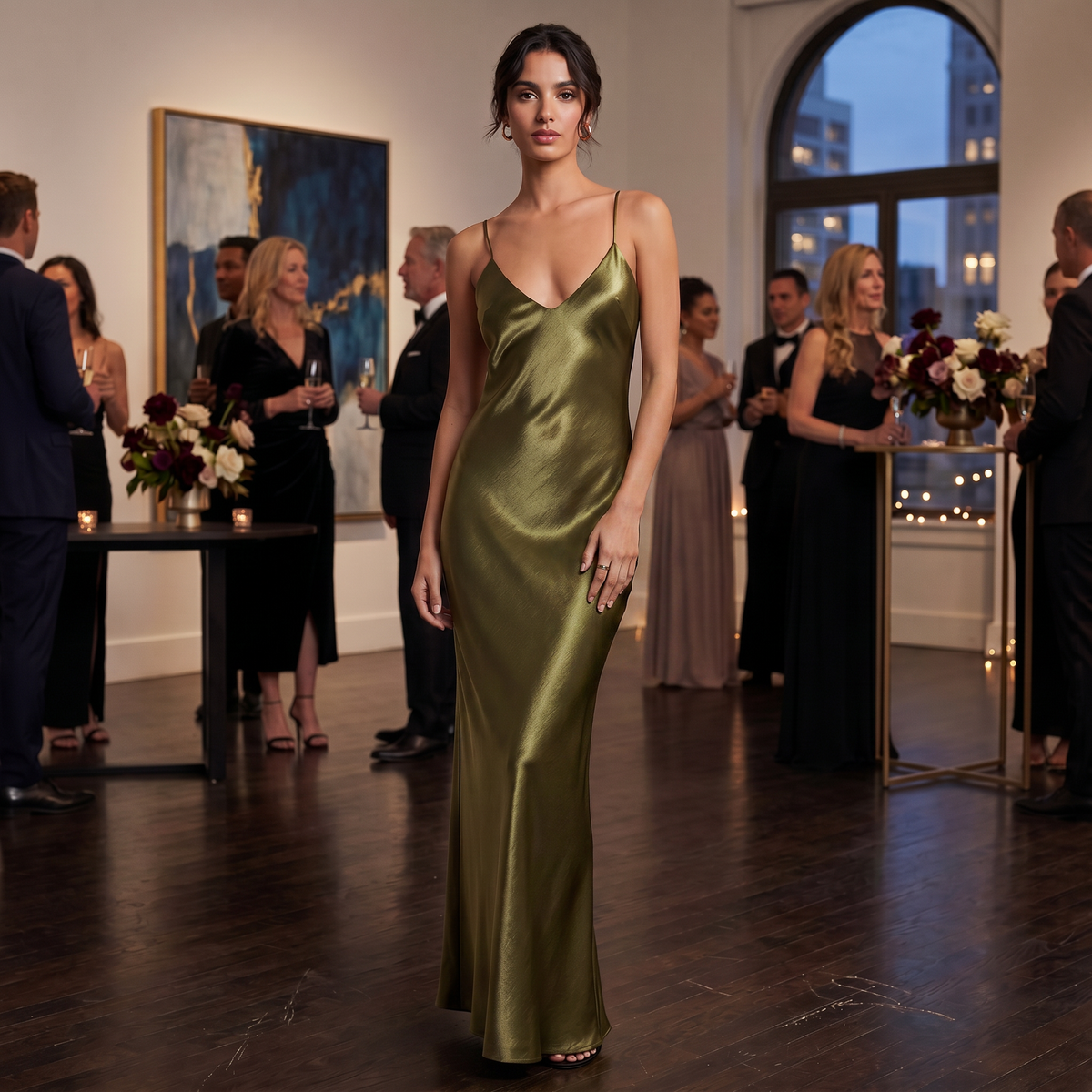 Vestido Lencero Satinado Verde Oliva