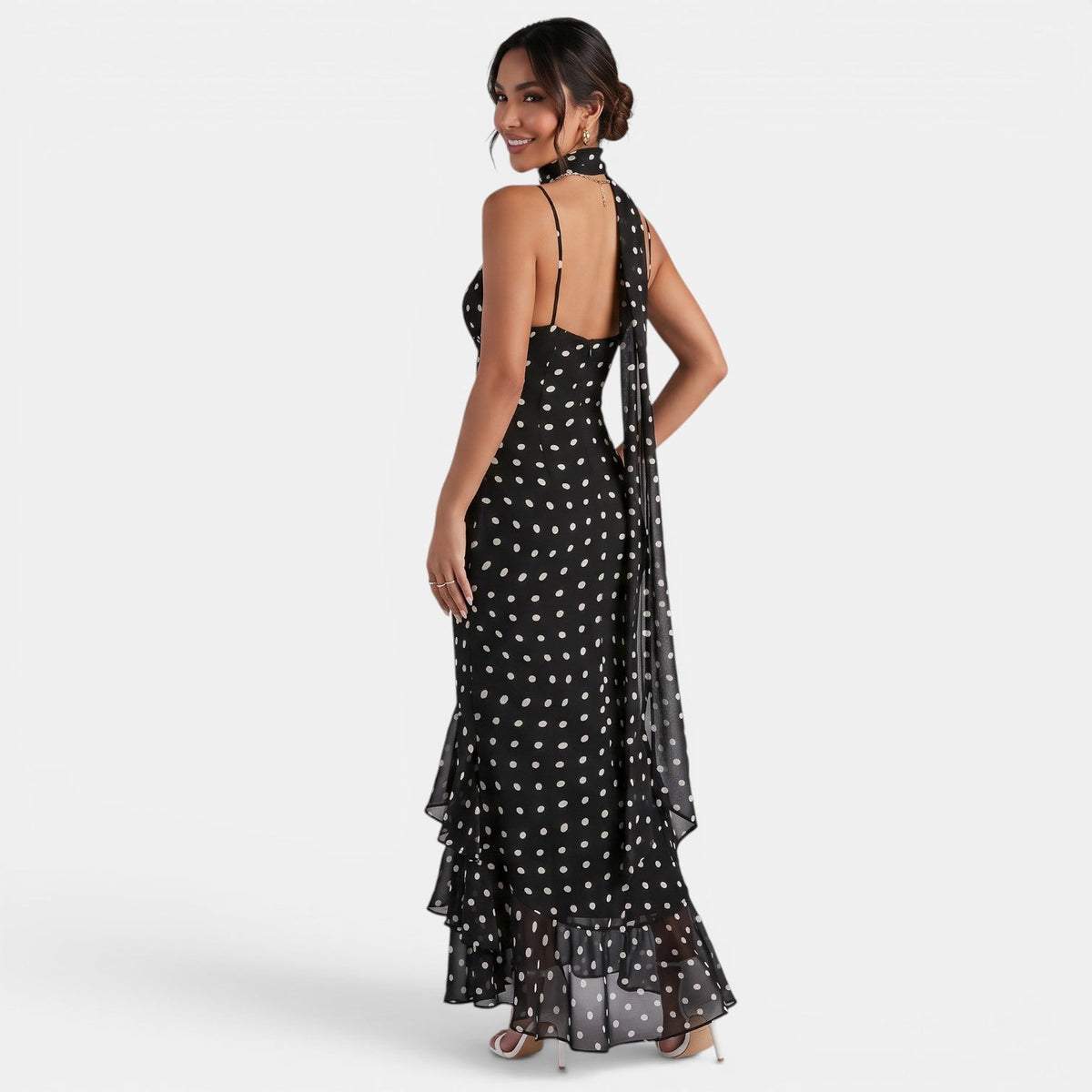 Vestido Maxi Halter Lunares Negro