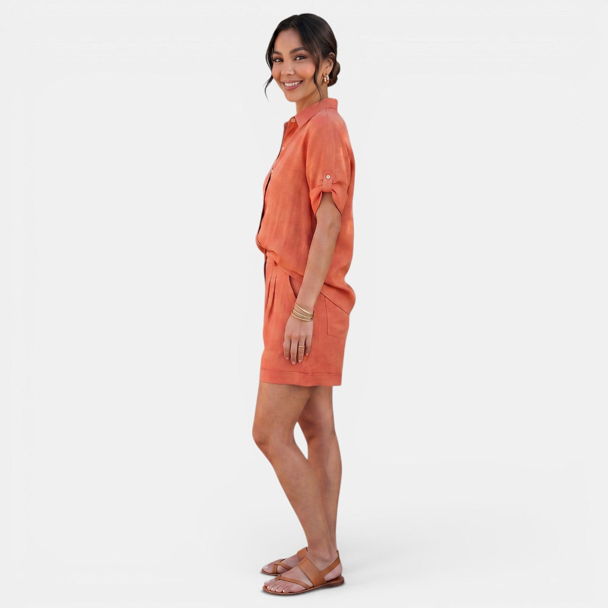 Conjunto Mujer Camisa Lino Algodón Manga Media