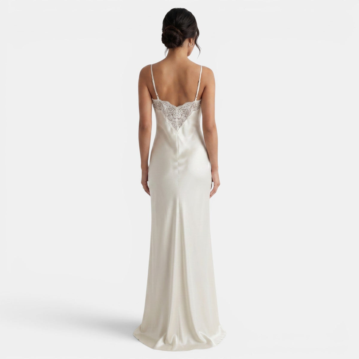 Vestido Satén Largo Encaje V