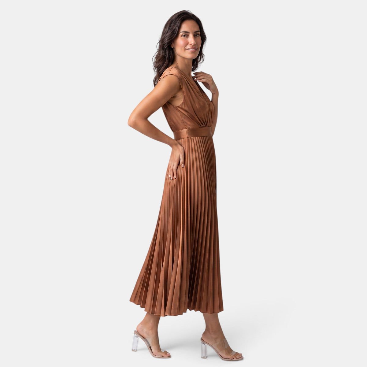Vestido Satín Escote V Mujer Elegante