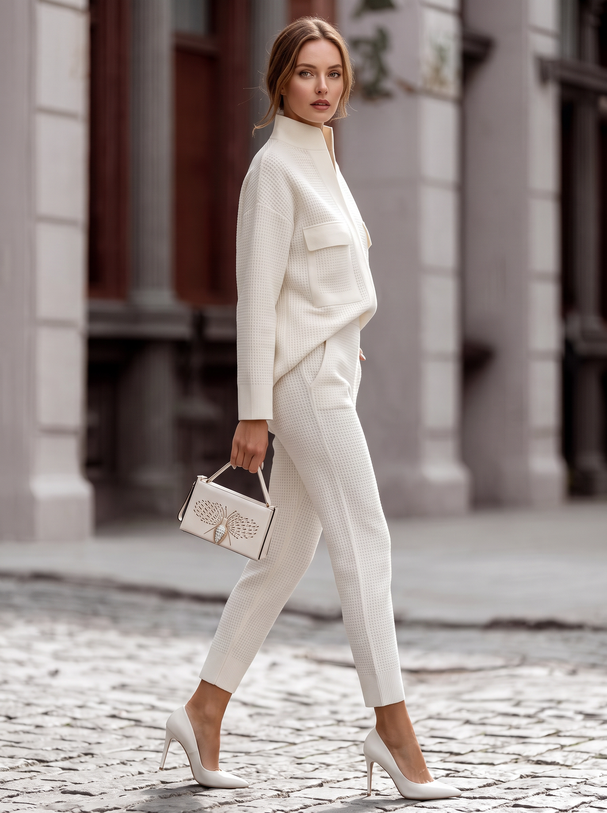 Conjunto de Punto Gofrado para Mujer con Cuello Alto y Pantalón Recto