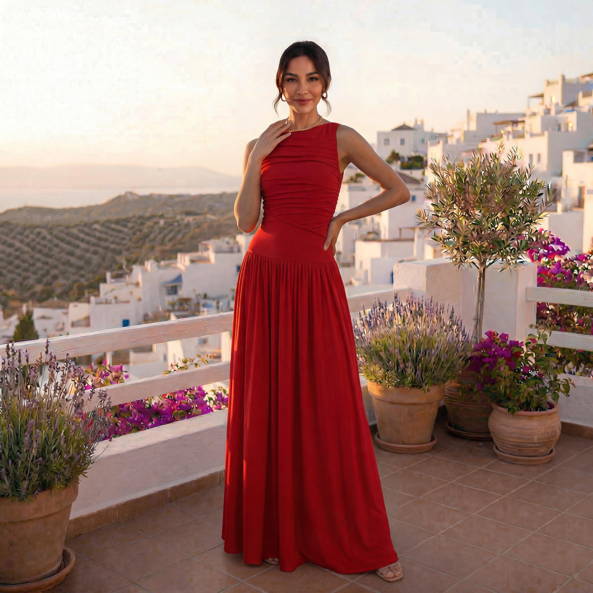 Vestido Ajustado Sin Mangas Plisado Elegante Color Sólido Mujer