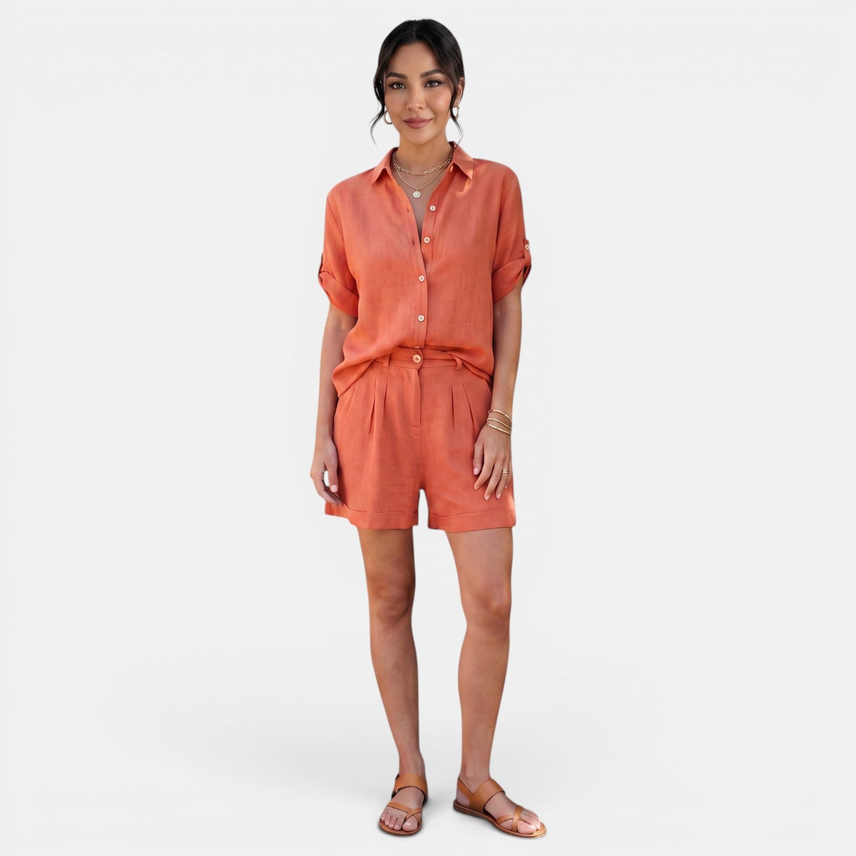 Conjunto Mujer Camisa Lino Algodón Manga Media