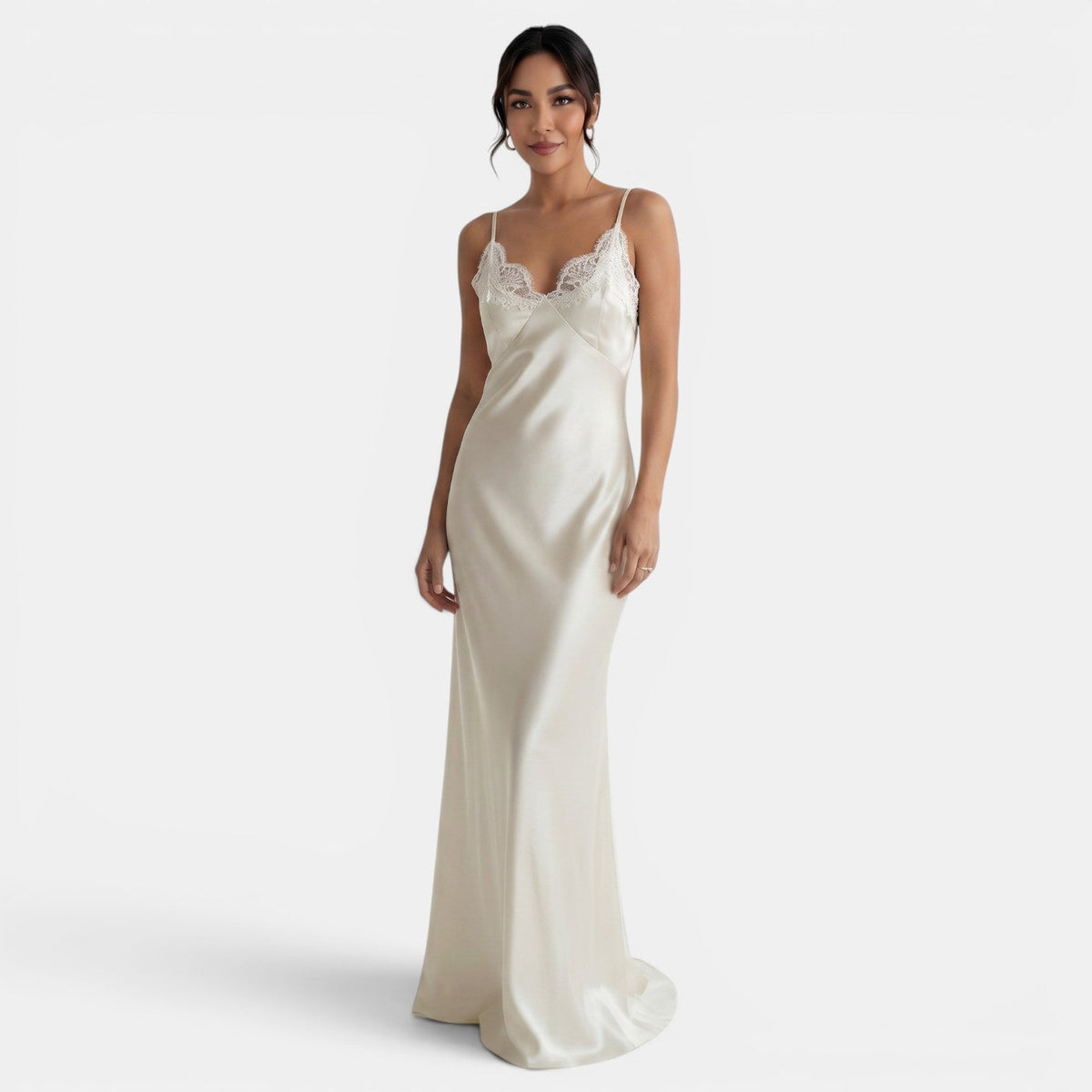 Vestido Satén Largo Encaje V