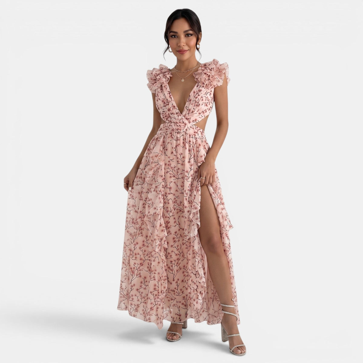 Vestido Floral Maxi Escote V Volantes