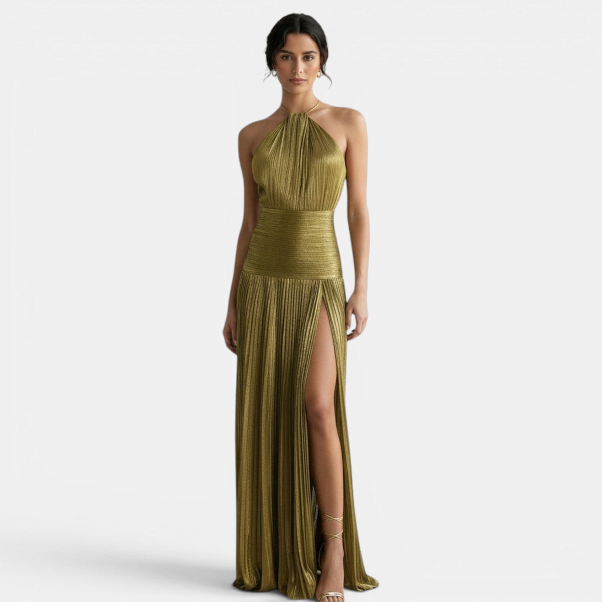 Vestido Halter Plisado con Abertura